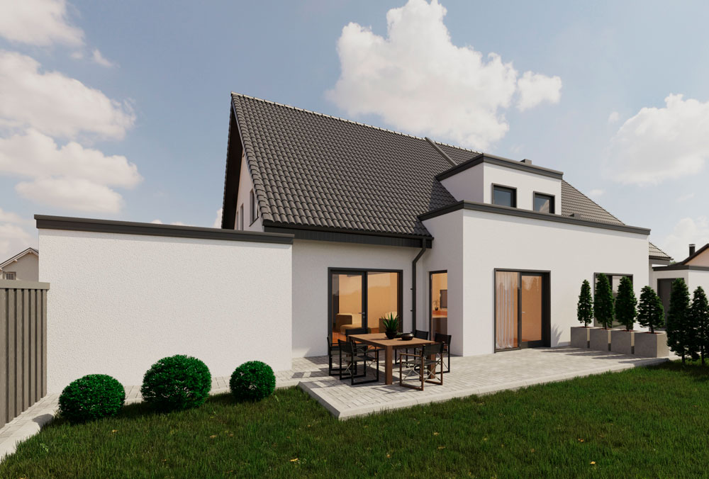 München ikerház 470 m²-es SIP típusház külső látványterve
